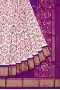 Women Cream Ikat Silk Saree With Violet and Gold Zari Border