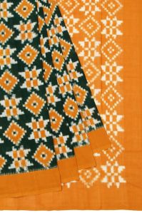 Women Green Ikat Cotton Saree With Mustard Border and Rangoli Butta