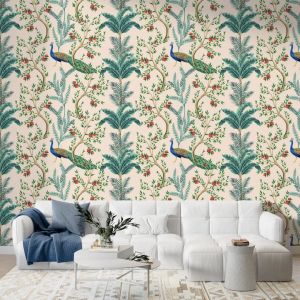 Peacocks Floral Oasis Wall Paper, Color : Colorful