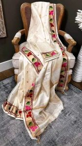 Unstitched Printed Pure Tussar Silk Parsi Embroidery Saree