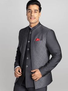 Men 3 Piece Textured Bandhgala – Dark Grey