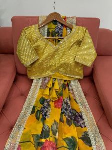 Bright Yellow Designer Print Sequins Work Saree
