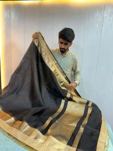 JET BLACK MAHARANI TISSUE SILK SAREE