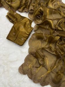 MUSTARDISH GOLD SHIMMERY TISSUE SILK DESIGNER SAREE