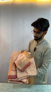 ORANGISH PEACH SHIMMERY TISSUE SILK DESIGNER SAREE