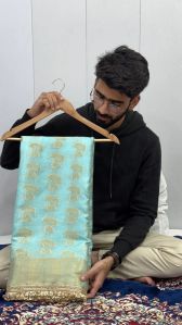 PASTEL FIROZI BLUE CHINIYA SILK LACE WORK BANARASI SAREE