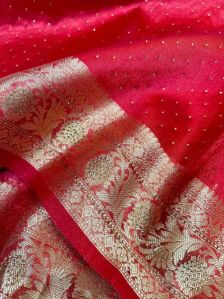 RED TISSUE SILK EMBEDDED STONES BANARASI SAREE