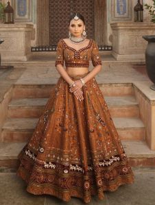 OXIDISED RUST RAW SILK WOMEN LEHENGA