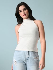 Ribbed High Neck Cotton Fitted Crop Top