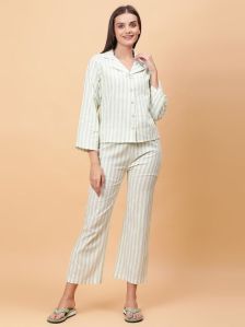 Striped Cotton Night Suit in White & Olive Green