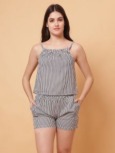 Women Striped Sleeveless Rayon Short Night Suit