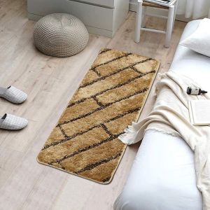 Brown & Gold Bricks Design Shaggy Bedside Runner Rug Polyester Carpet for Bedroom