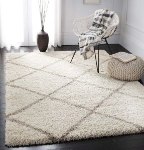 Diamond Shaggy Design Ivory Beige Lines Microfiber Hand Tufted Carpet