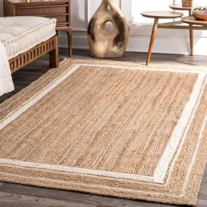 Natural & White Jute Border Handmade Braided Area Rug.