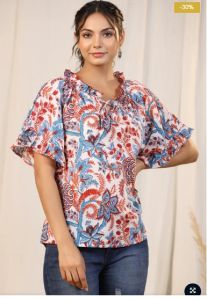 Razia Ruksaar White Hand Block Print Women Ruffle Top