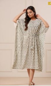 Women Cotton Hand Block Printed Kaftan, Color : Green/white