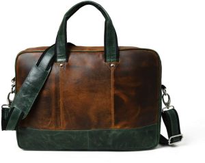 Brown and Green Leather Laptop Bag