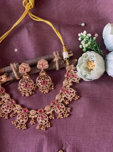 Ladies Pink And  Golden Fancy Necklace Set