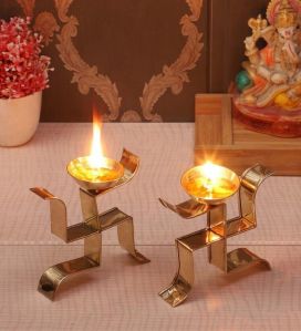 Polished Brass Golden Swastik Diya Antique, Modern Multisize