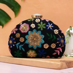 Black Floral Embroidery Half Moon Women Clutch Bag