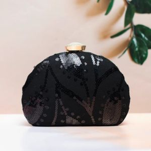 Black Leaf Pattern Sequins Embroidery Women Clutch Bag