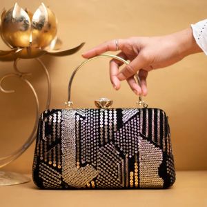 Black Sequins Multipattern Embroidery Party Women Clutch Bag