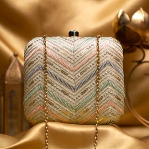 Cream Zigzag Pattern Embroidery Women Clutch Bag