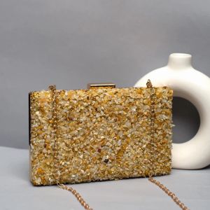 Gold Gravel Stone Metallic Evening Women Clutch Bag