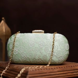 Green And White Floral Thread Embroidery Women Clutch Bag