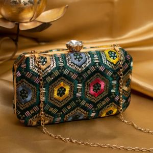 Green Rectangle Sequins Embroidery Women Clutch Bag