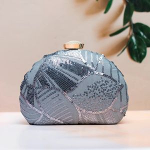 Grey Sequins Embroidery Half Moon Women Clutch Bag