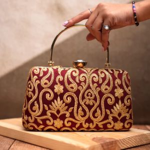 Maroon And Golden Ethnic Women Clutch Bag