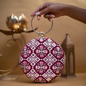 Maroon And Pink Floral Embroidery Round Women Clutch Bag
