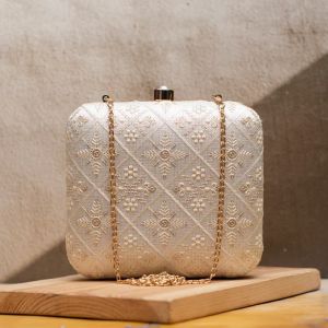 off White Floral Threadwork Embroidery Women Clutch Bag