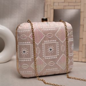 Pink And White Thread Embroidery  Women Clutch Bag