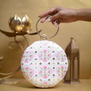 White And Pink Floral Embroidery Round Women Clutch Bag