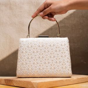 White Floral Checks Embroidery Women Clutch Bag