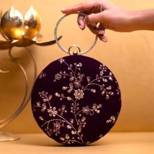 Wine And Golden Floral Sequins Embroidery Women Clutch Bag