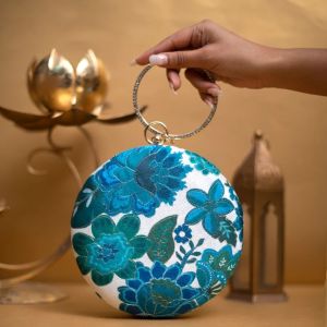 Women Blue Floral Embroidery Round Clutch Bag