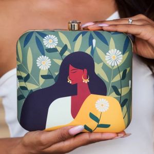 Yellow Saree Lady on Flower Printed Women Clutch Bag