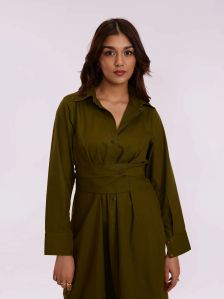 Women Olive Green Wrap Shirt Dress