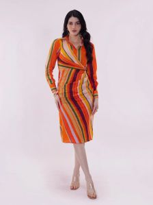 Women Striped Wrap Shirt Dress