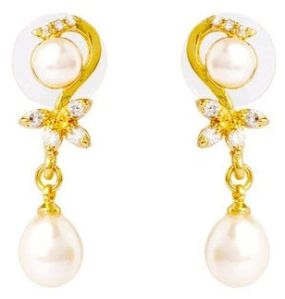 Gold Dewdrop Dawn Women Pearl Earrings, Color : White