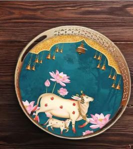 Pichwai With Lotus And Bells Round Tray