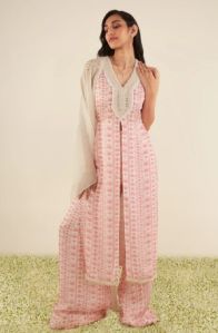 WHITE & PINK FLORAL STRIPES Ladies KURTA SET