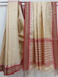 BEIGE & RED HANDLOOM VIDARBHA TUSSAR SILK SAREE WITH CONTRAST BORDER
