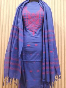 BLUE & RED HANDWOVEN COTTON JAMDANI 3-PIECE KURTA SET