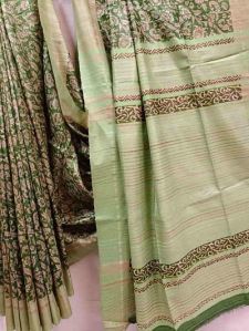 GREEN &AMP;AMP; BEIGE TUSSAR SILK ALL OVER FLORAL PRINT SAREE