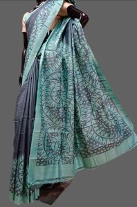 GREYISH BLUE & AQUA GREEN TUSSAR SILK PAISLEY PRINT SAREE