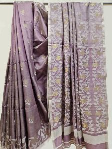 Mauve & White Soft Handloom Katan Silk Jamdani Saree